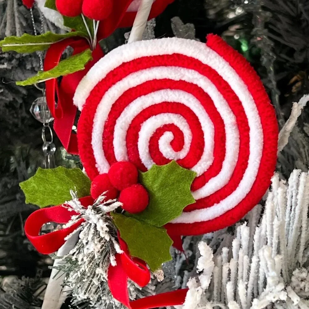 Red Candy Lollipop with Pom Pom Holly Spray Stem Pick Christmas Craft Supplies